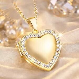 Gold Tone Necklace Heart Locket CZ Halo Valentine's Day Birthday Vtg gift